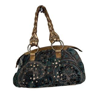 Womens Hand Bag Purse STUDDED EMBELLISHED Gems Embroidered Paisley Print Braided